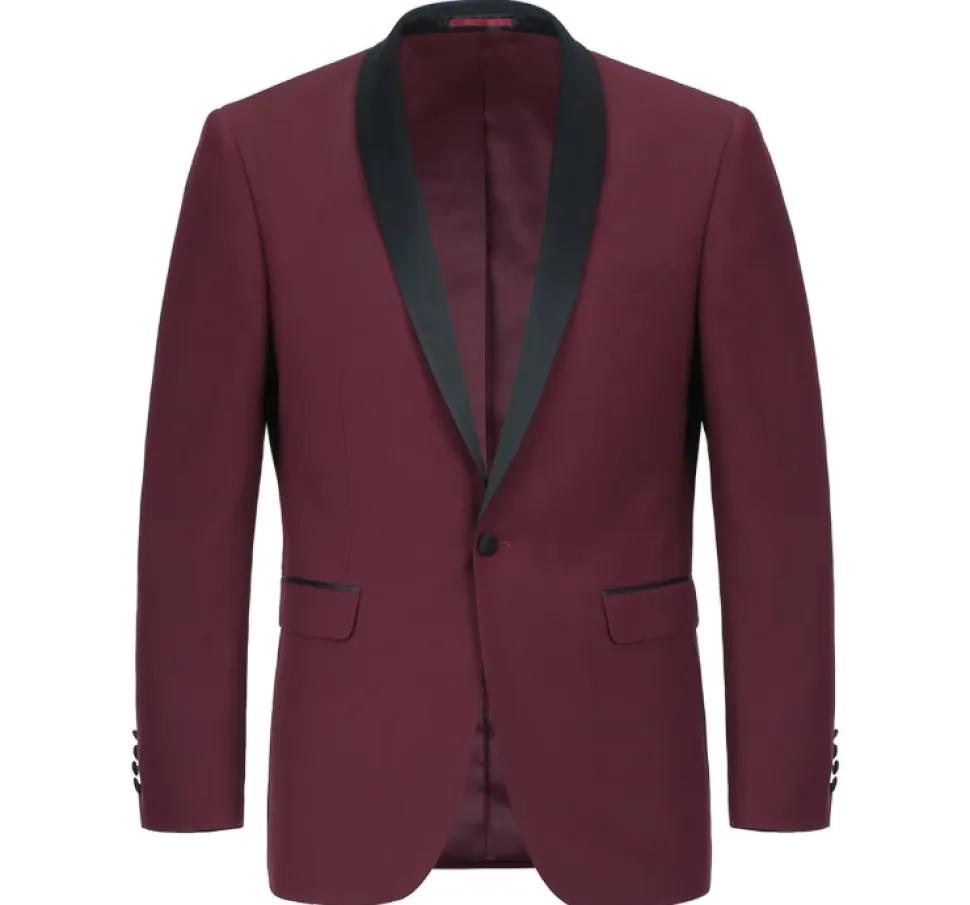 Raphael Solid Burgundy Slim Fit With Black Satin Shawl Lapels Tuxedo Suit