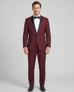 Raphael Solid Burgundy Slim Fit With Black Satin Shawl Lapels Tuxedo Suit