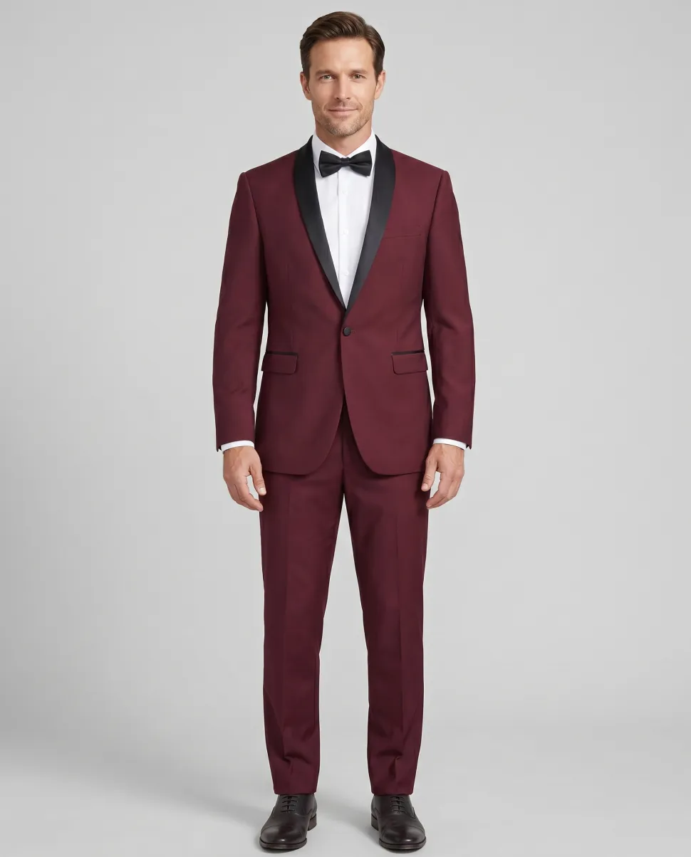 Raphael Solid Burgundy Slim Fit With Black Satin Shawl Lapels Tuxedo Suit
