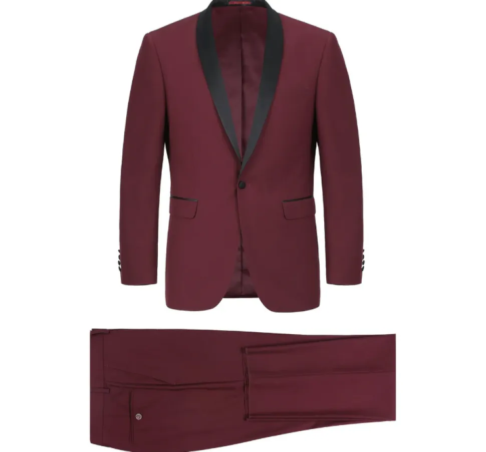 Raphael Solid Burgundy Slim Fit With Black Satin Shawl Lapels Tuxedo Suit