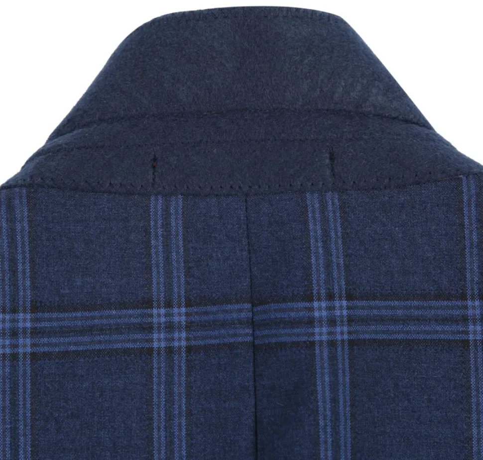 Raphael Windowpane Navy Blue Slim Fit Notch Lapels Two Button Stretch Suit