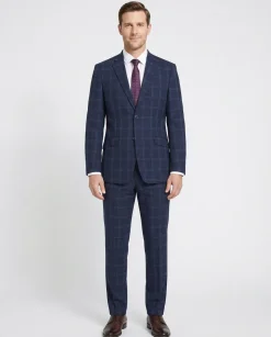 Raphael Windowpane Navy Blue Slim Fit Notch Lapels Two Button Stretch Suit