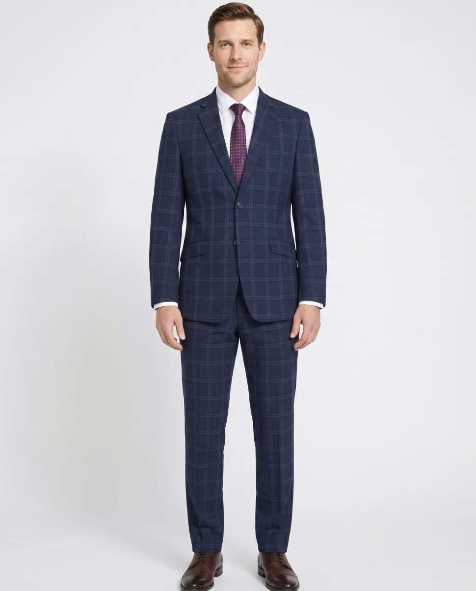 Raphael Windowpane Navy Blue Slim Fit Notch Lapels Two Button Stretch Suit