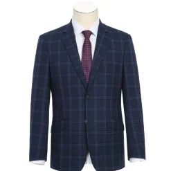 Raphael Windowpane Navy Blue Slim Fit Notch Lapels Two Button Stretch Suit