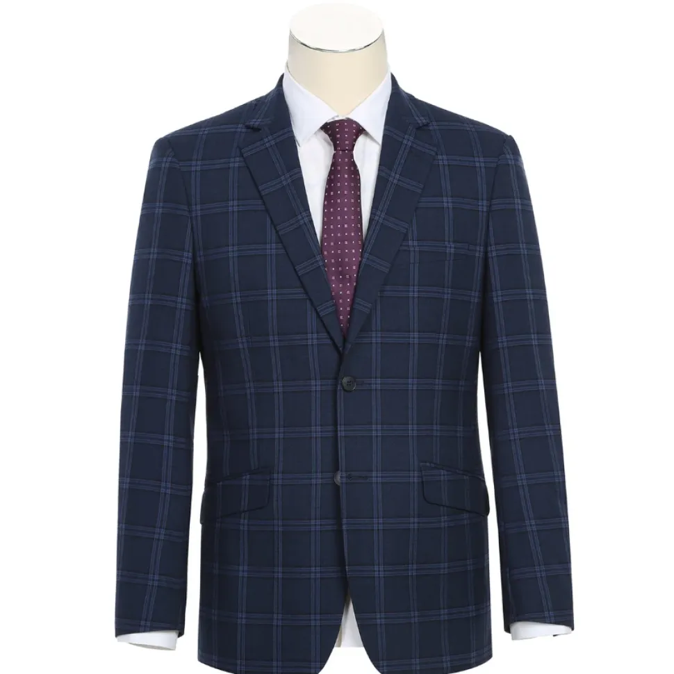 Raphael Windowpane Navy Blue Slim Fit Notch Lapels Two Button Stretch Suit