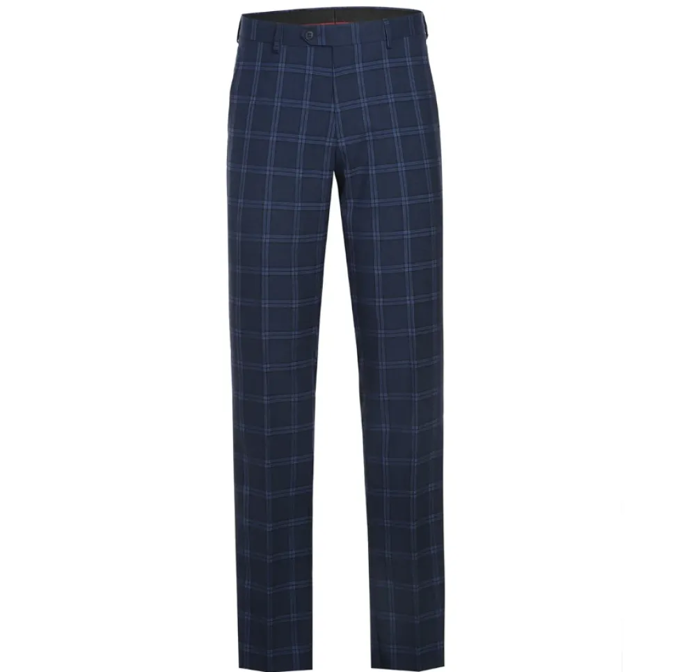 Raphael Windowpane Navy Blue Slim Fit Notch Lapels Two Button Stretch Suit