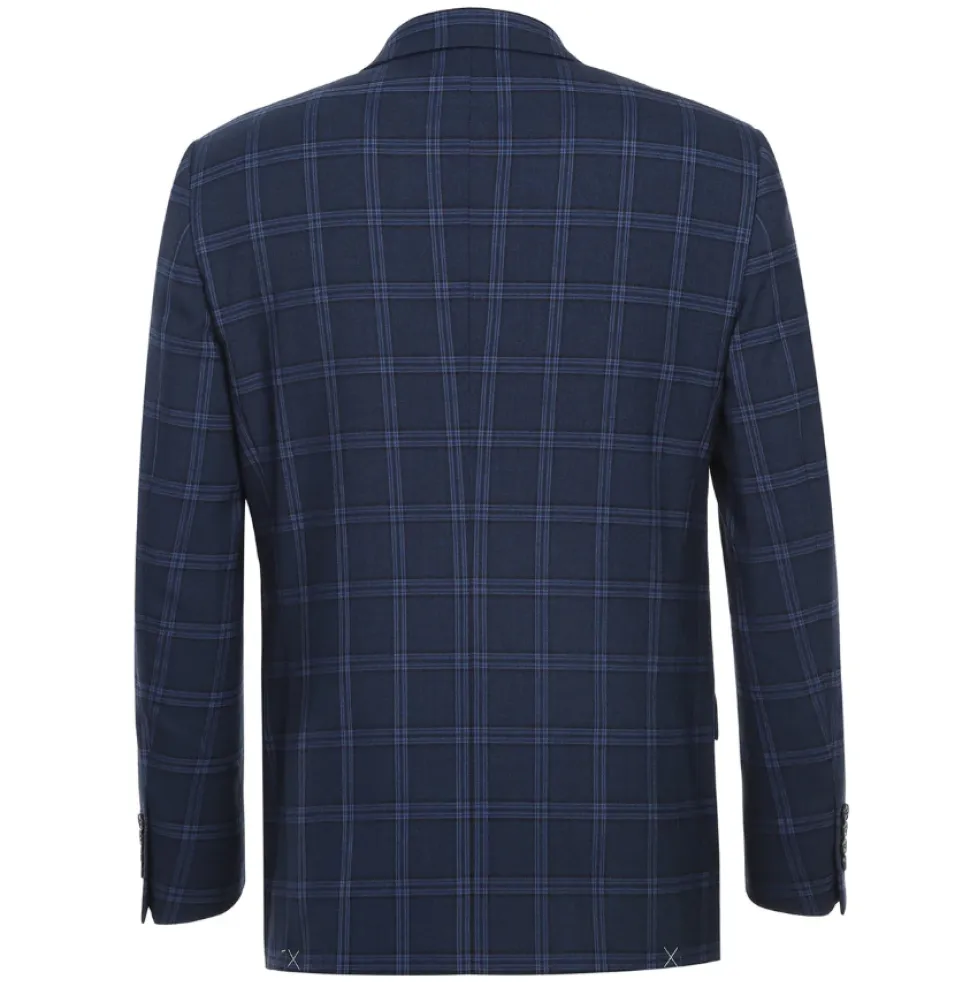 Raphael Windowpane Navy Blue Slim Fit Notch Lapels Two Button Stretch Suit
