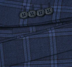 Raphael Windowpane Navy Blue Slim Fit Notch Lapels Two Button Stretch Suit