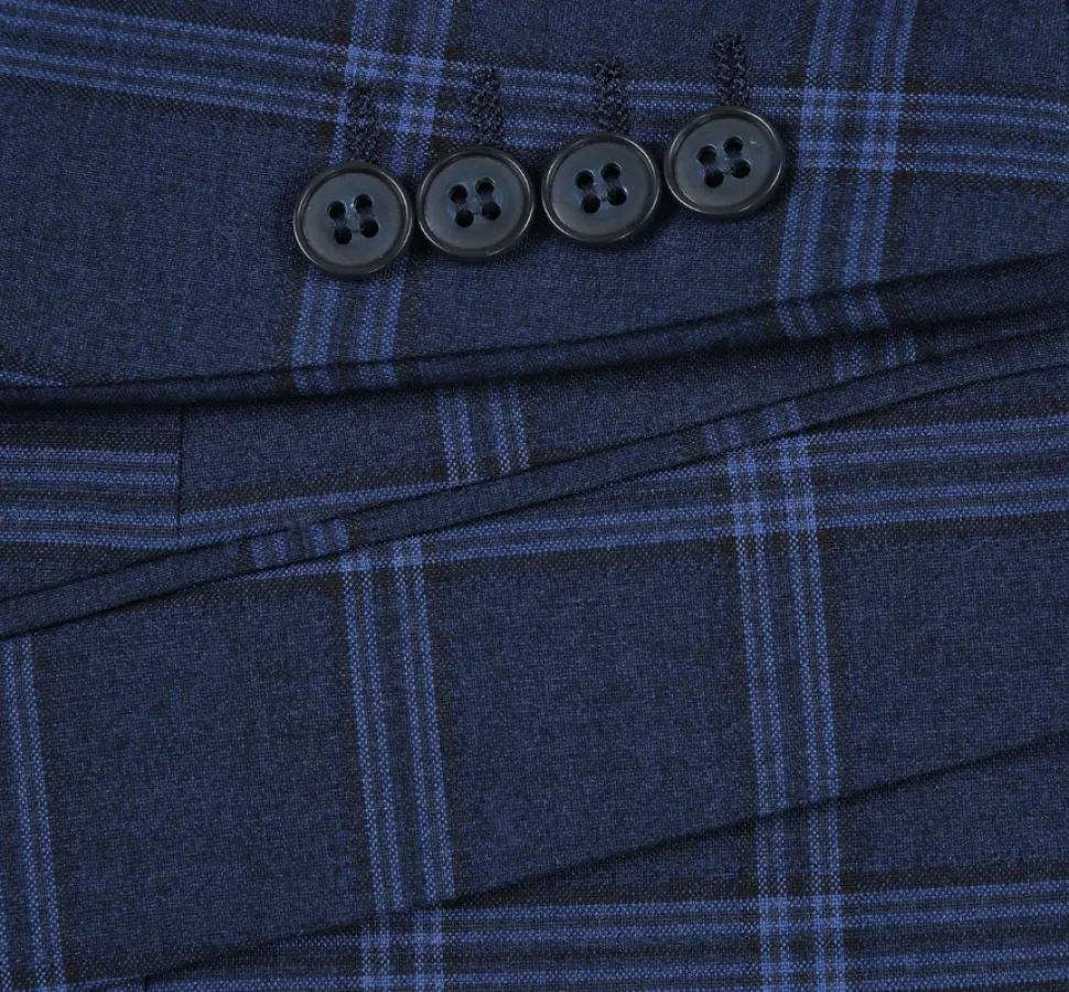 Raphael Windowpane Navy Blue Slim Fit Notch Lapels Two Button Stretch Suit
