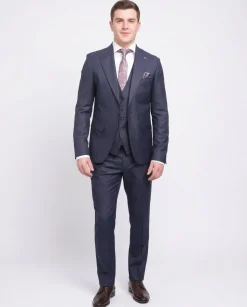 44R Cemden Slim Fit Blue Textured Check Two Button Three Piece Suit With Peak Lapels