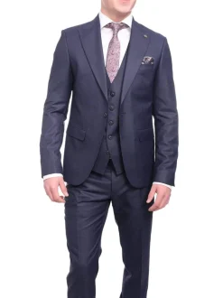 44R Cemden Slim Fit Blue Textured Check Two Button Three Piece Suit With Peak Lapels