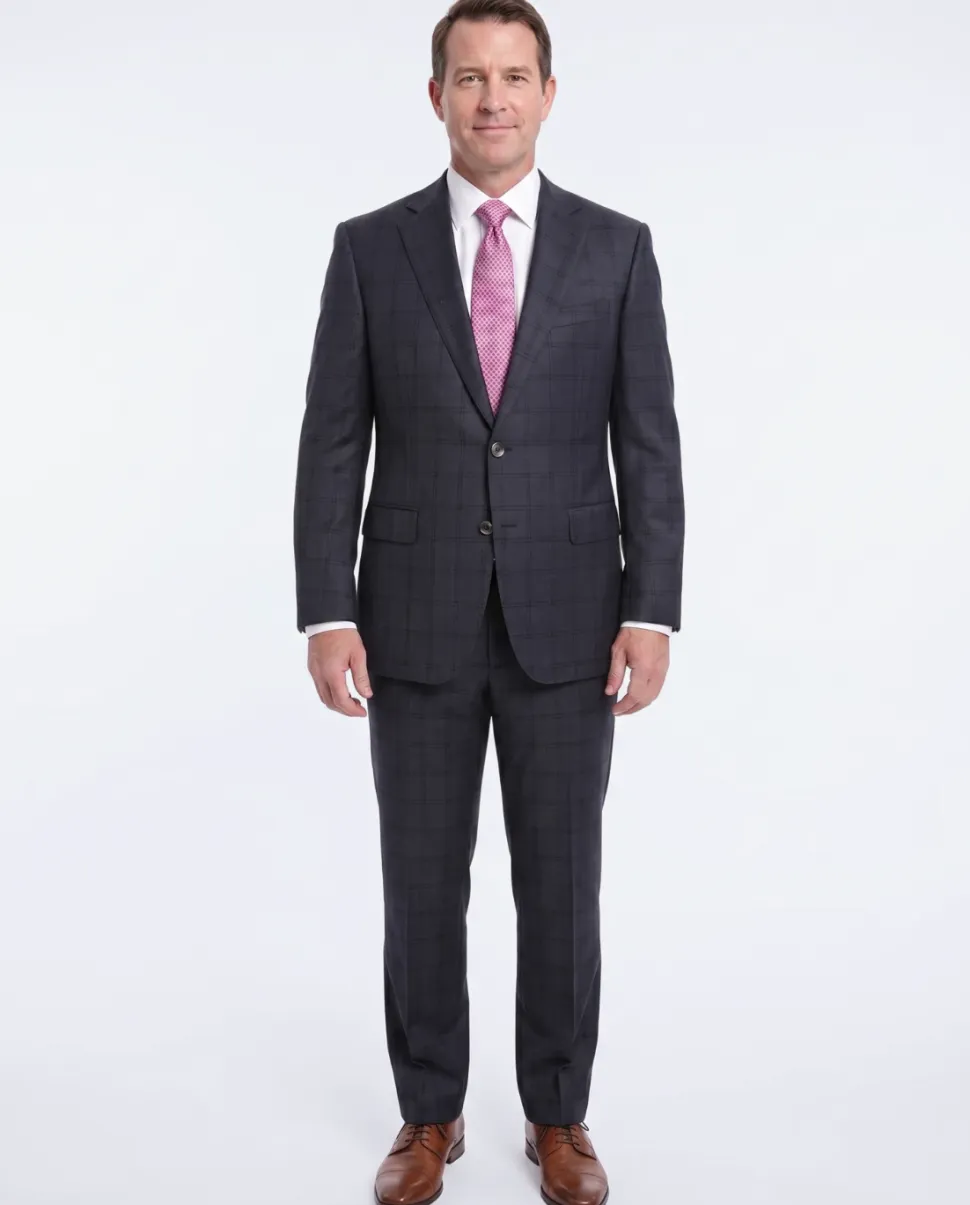 Robert Graham Modern Fit Navy Blue Windowpane Two Button Wool Silk Blend Suit