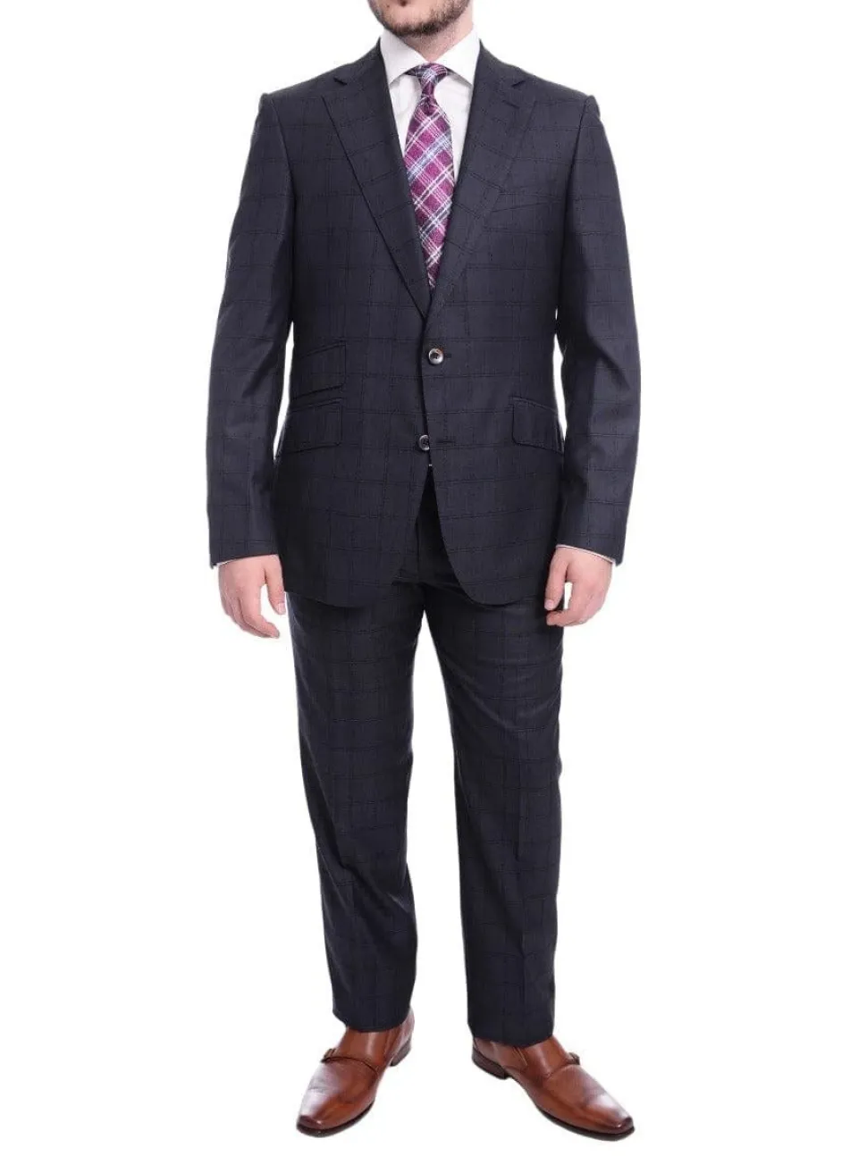 Robert Graham Modern Fit Navy Blue Windowpane Two Button Wool Silk Blend Suit