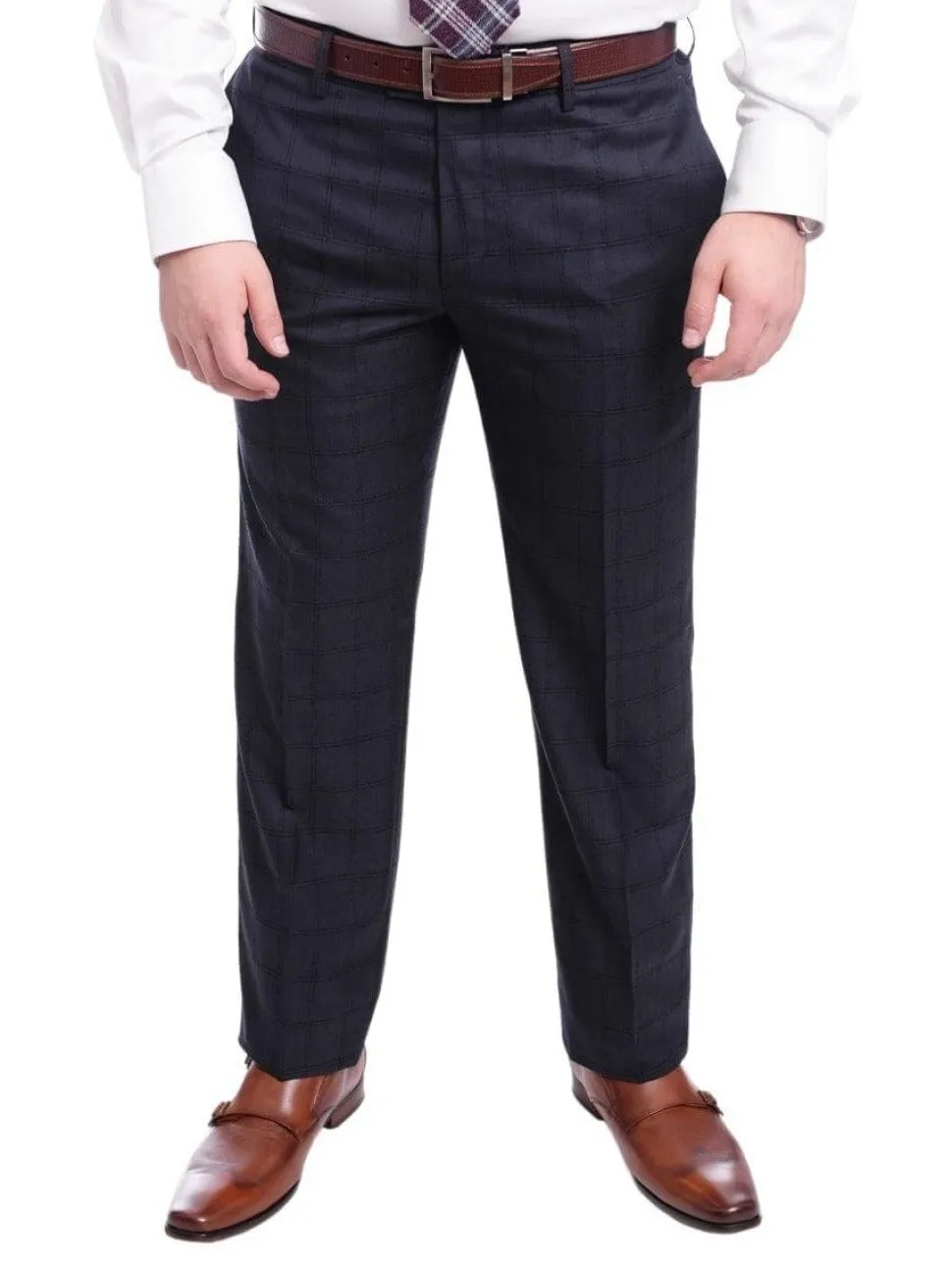 Robert Graham Modern Fit Navy Blue Windowpane Two Button Wool Silk Blend Suit
