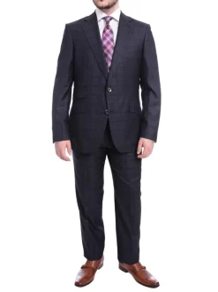 Robert Graham Slim Fit Navy Blue Windowpane Two Button Wool Silk Blend Suit