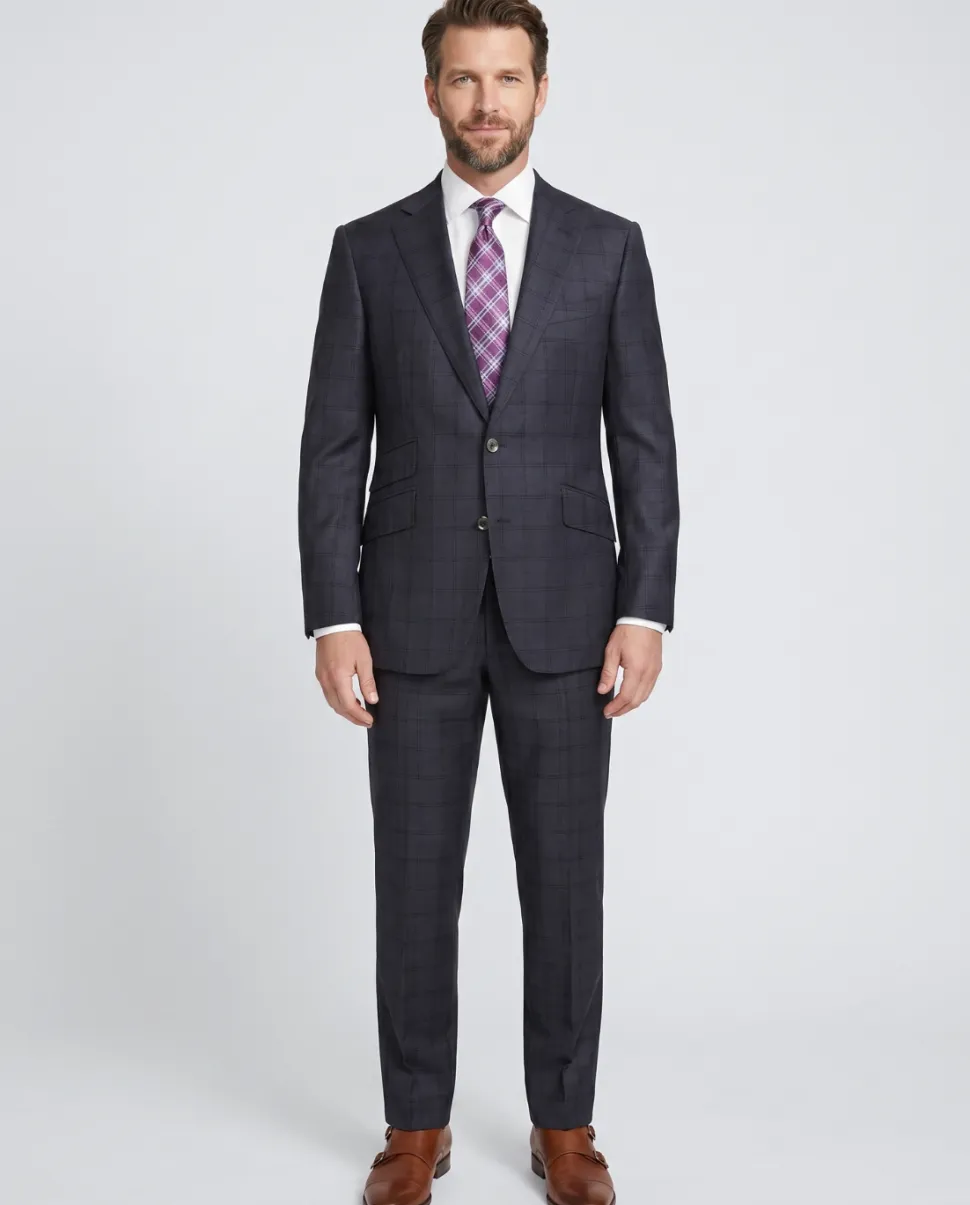 Robert Graham Slim Fit Navy Blue Windowpane Two Button Wool Silk Blend Suit