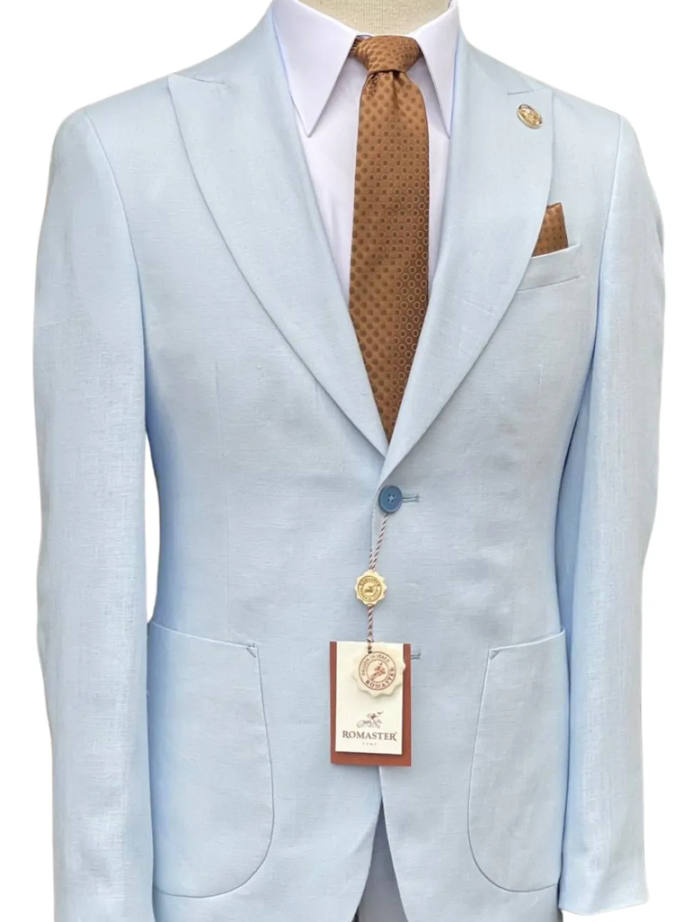 Romaster Light Blue Slim Fit Linen Blend Blazer Sportcoat With Patch Pockets