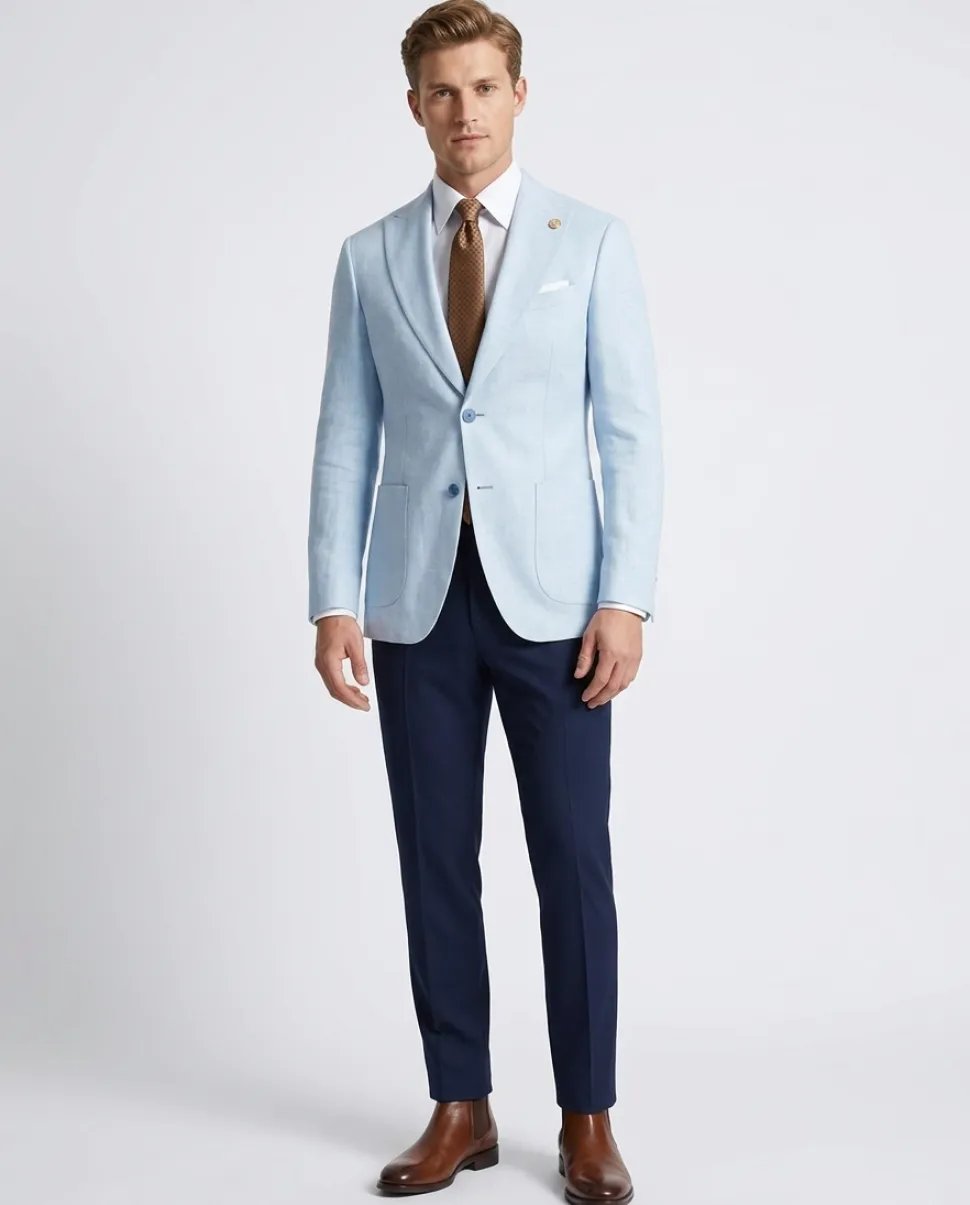 Romaster Light Blue Slim Fit Linen Blend Blazer Sportcoat With Patch Pockets