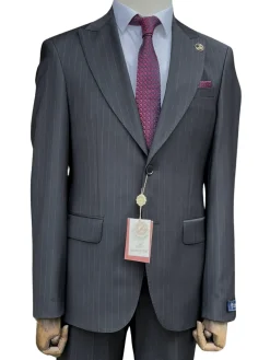 Romaster Men’s Black Pinstripe Slim Fit Peak Lapels Stretch Wool Suit