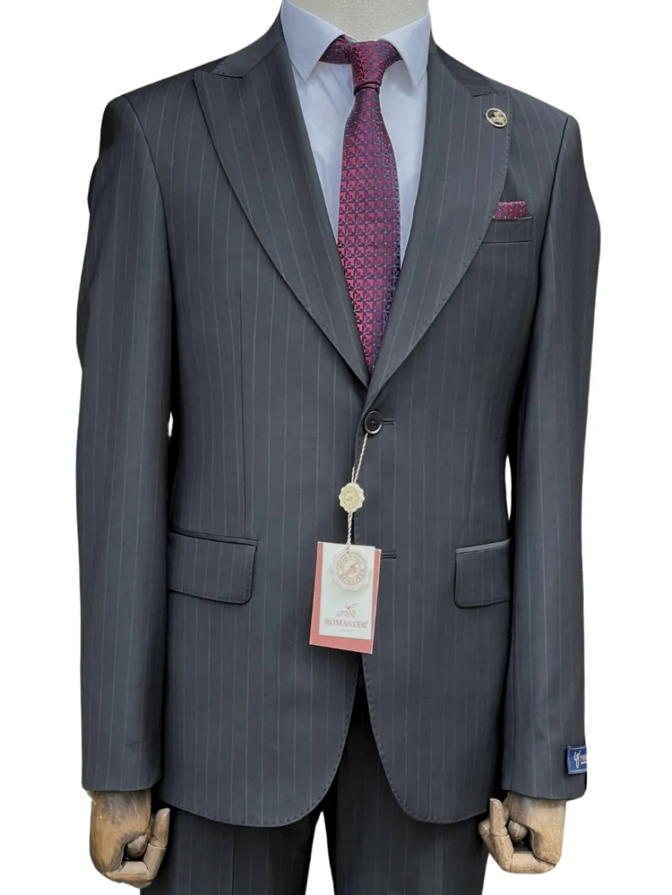 Romaster Men’s Black Pinstripe Slim Fit Peak Lapels Stretch Wool Suit