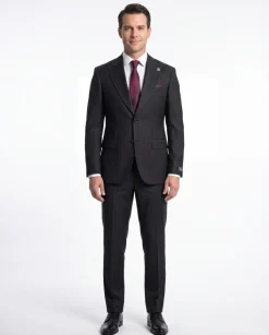 Romaster Men’s Black Pinstripe Slim Fit Peak Lapels Stretch Wool Suit