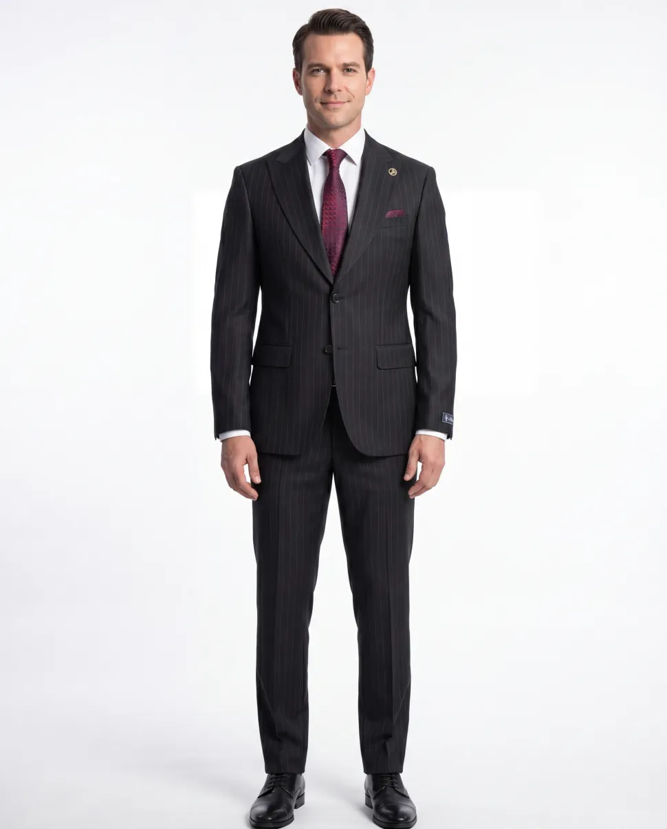 Romaster Men’s Black Pinstripe Slim Fit Peak Lapels Stretch Wool Suit