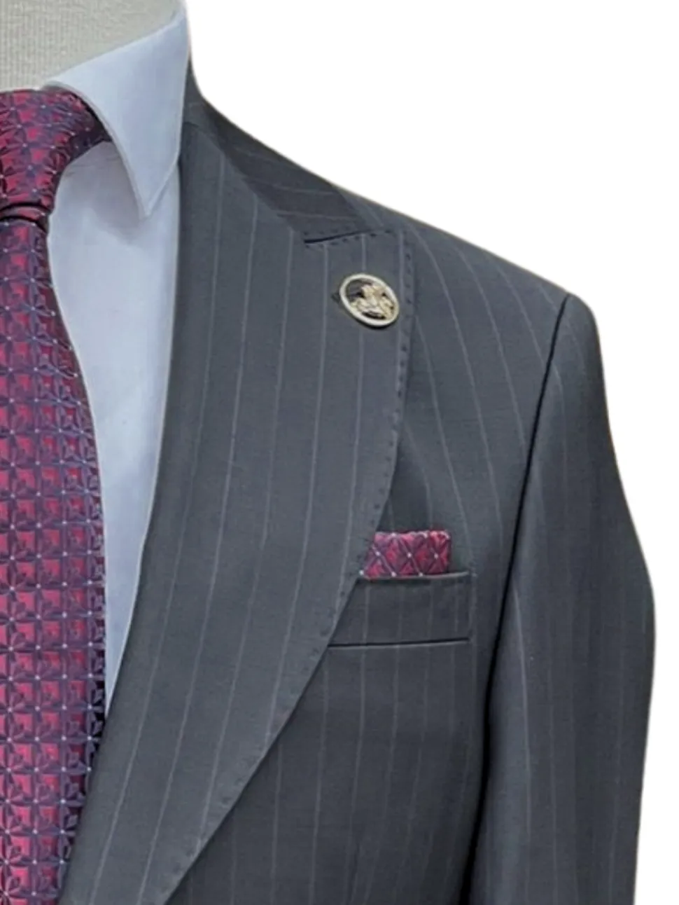 Romaster Men’s Black Pinstripe Slim Fit Peak Lapels Stretch Wool Suit