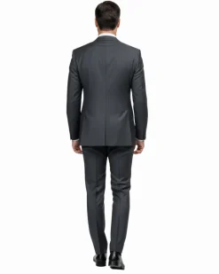 Romaster Men’s Black Pinstripe Slim Fit Peak Lapels Stretch Wool Suit