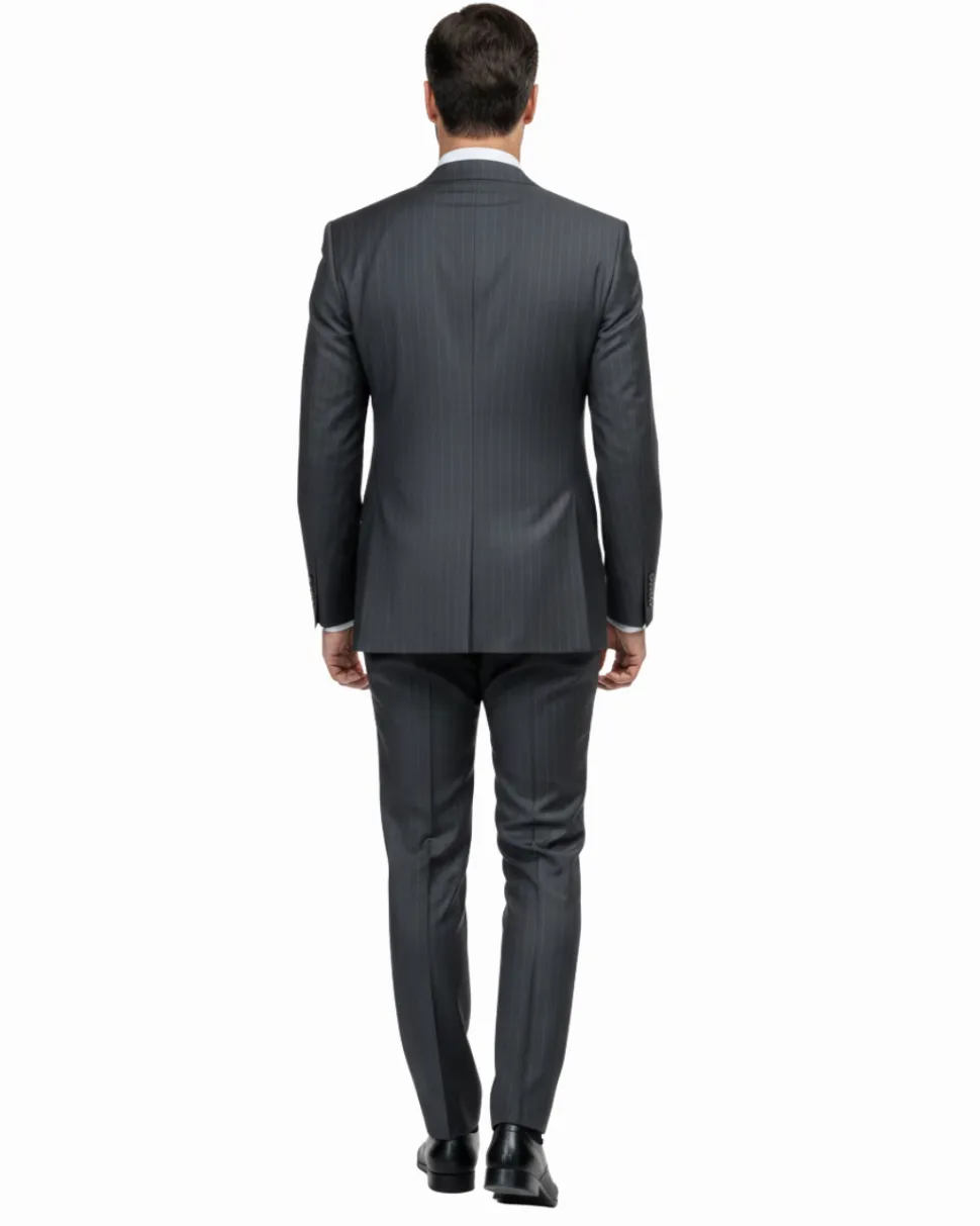 Romaster Men’s Black Pinstripe Slim Fit Peak Lapels Stretch Wool Suit