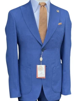 Romaster Mens Blue Slim Fit Linen Blend Blazer Sportcoat With Patch Pockets