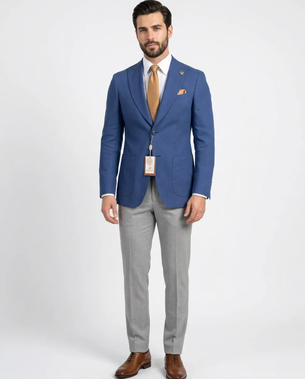 Romaster Mens Blue Slim Fit Linen Blend Blazer Sportcoat With Patch Pockets