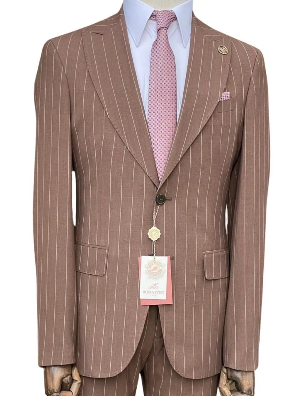 Romaster Men’s Brown Pinstripe Slim Fit Peak Lapels Stretch Wool Blend Suit