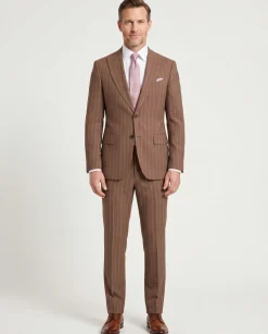 Romaster Men’s Brown Pinstripe Slim Fit Peak Lapels Stretch Wool Blend Suit