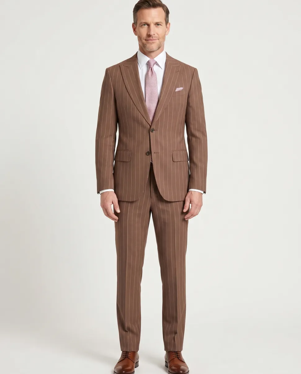 Romaster Men’s Brown Pinstripe Slim Fit Peak Lapels Stretch Wool Blend Suit