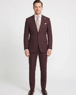 Romaster Men’s Burgundy Pinstripe Slim Fit Peak Lapels Stretch Wool Blend Suit