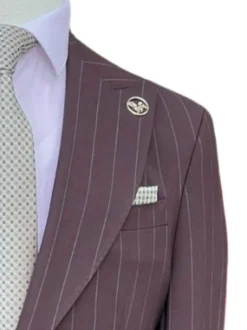 Romaster Men’s Burgundy Pinstripe Slim Fit Peak Lapels Stretch Wool Blend Suit