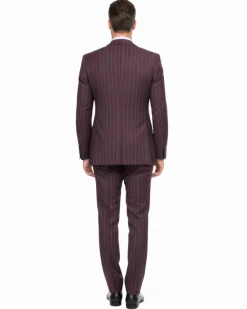 Romaster Men’s Burgundy Pinstripe Slim Fit Peak Lapels Stretch Wool Blend Suit