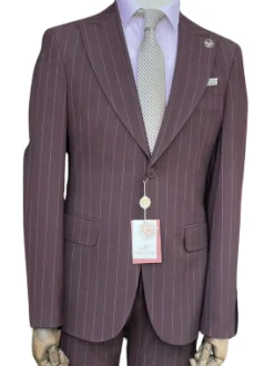 Romaster Men’s Burgundy Pinstripe Slim Fit Peak Lapels Stretch Wool Blend Suit