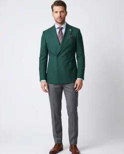 Romaster Mens Double Breasted Green Slim Fit Stretch Wool Blend Blazer Sportcoat