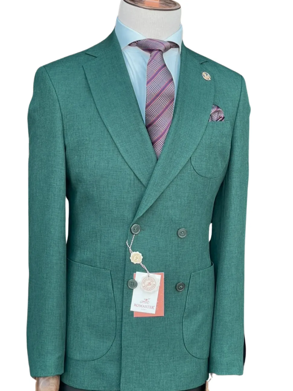 Romaster Mens Double Breasted Green Slim Fit Stretch Wool Blend Blazer Sportcoat