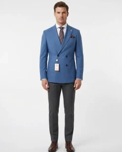 Romaster Mens Double Breasted Blue Slim Fit Stretch Wool Blend Blazer Sportcoat