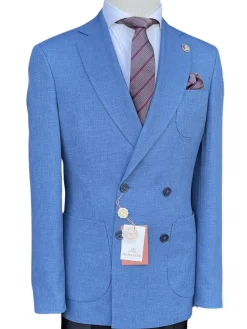 Romaster Mens Double Breasted Blue Slim Fit Stretch Wool Blend Blazer Sportcoat