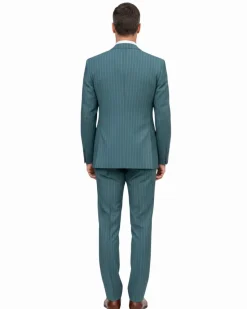 Romaster Men’s Green Pinstripe Slim Fit Peak Lapels Stretch Wool Blend Suit