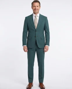 Romaster Men’s Green Pinstripe Slim Fit Peak Lapels Stretch Wool Blend Suit
