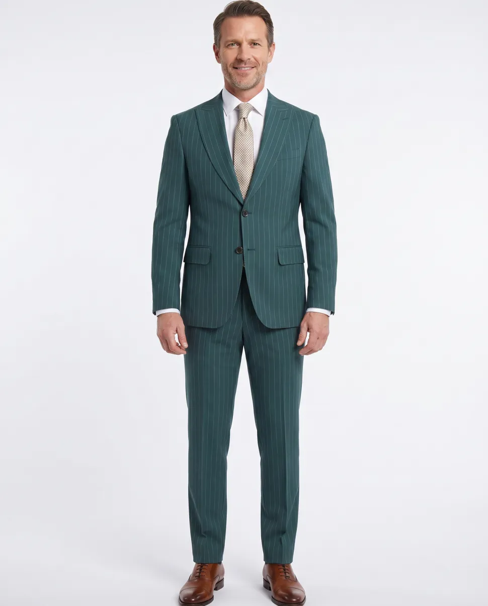 Romaster Men’s Green Pinstripe Slim Fit Peak Lapels Stretch Wool Blend Suit