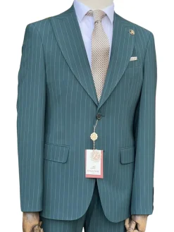 Romaster Men’s Green Pinstripe Slim Fit Peak Lapels Stretch Wool Blend Suit