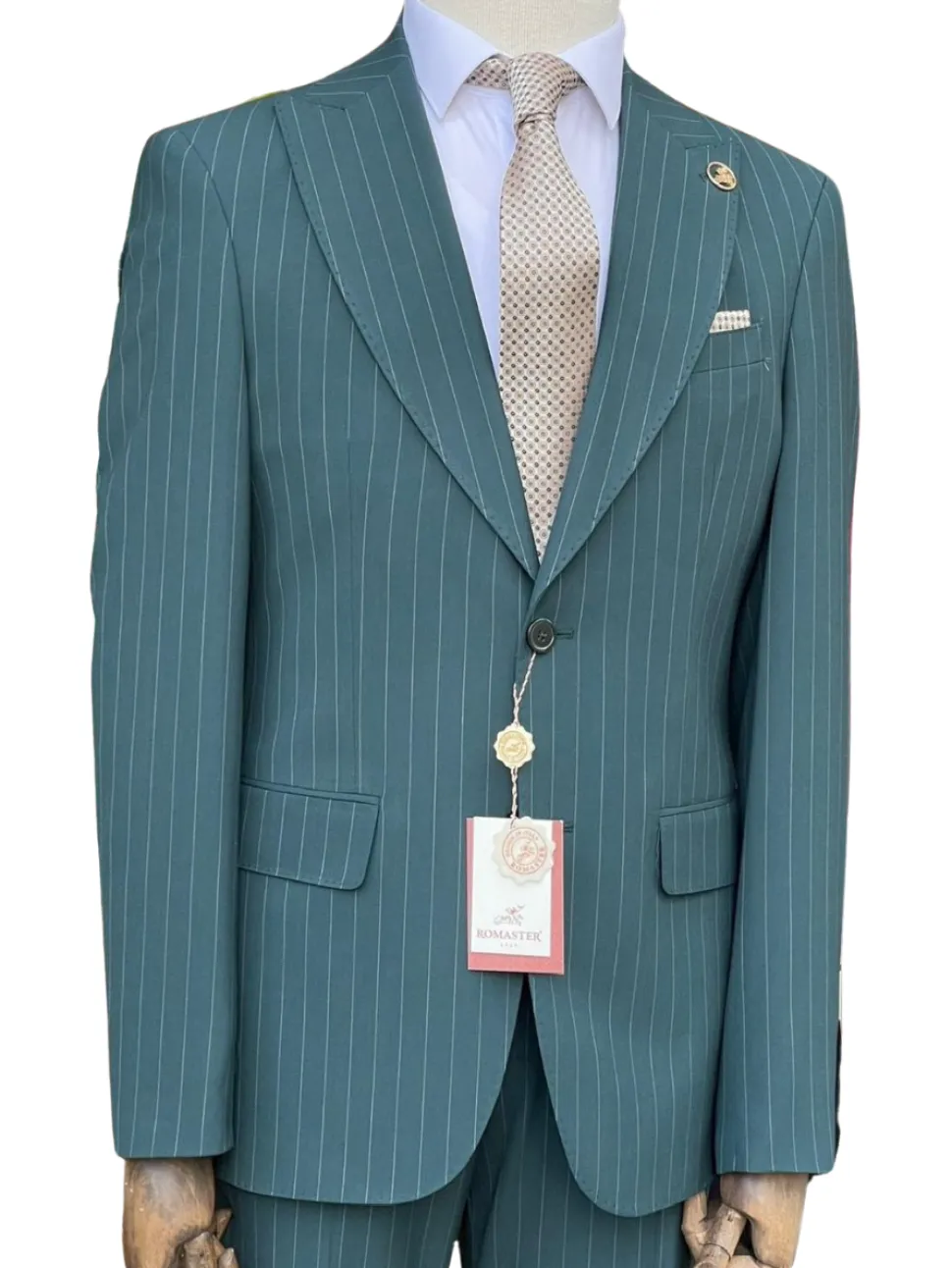 Romaster Men’s Green Pinstripe Slim Fit Peak Lapels Stretch Wool Blend Suit