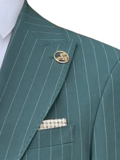 Romaster Men’s Green Pinstripe Slim Fit Peak Lapels Stretch Wool Blend Suit