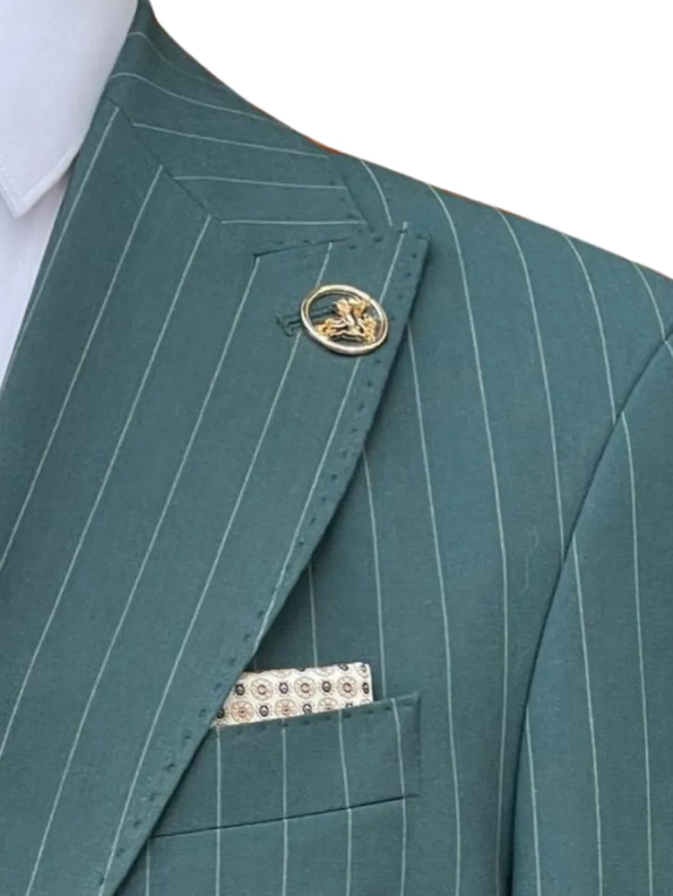 Romaster Men’s Green Pinstripe Slim Fit Peak Lapels Stretch Wool Blend Suit