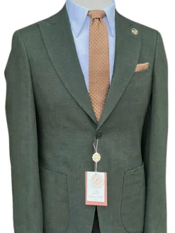 Romaster Mens Green Slim Fit Linen Blend Blazer Sportcoat With Patch Pockets